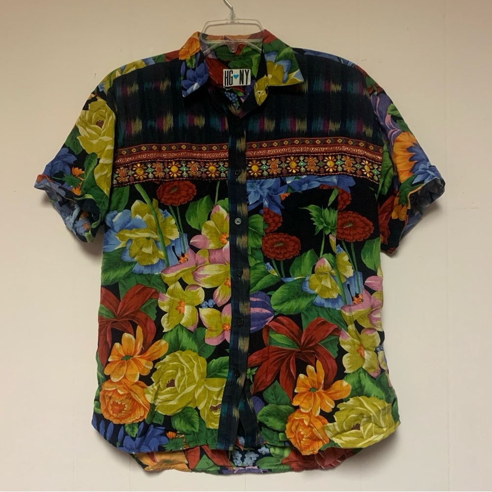 HG NY Vintage Embellished Button Embroidered Cottagecore Blouse Floral Oversized